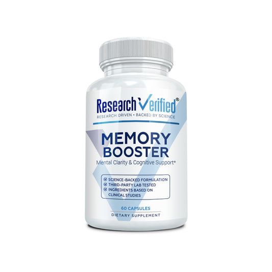 Research Verified Memory Booster bottle front, easy daily cognitive support for focus.
