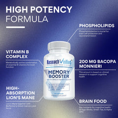 Research Verified Memory Booster capsules closeup shows easy-to-swallow vegan capsules for daily use.