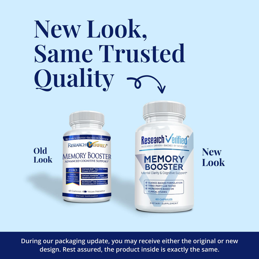 Research Verified Memory Booster label detail highlights key ingredients and benefits.