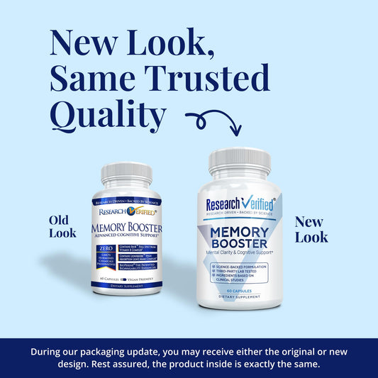 Research Verified Memory Booster label detail highlights key ingredients and benefits.