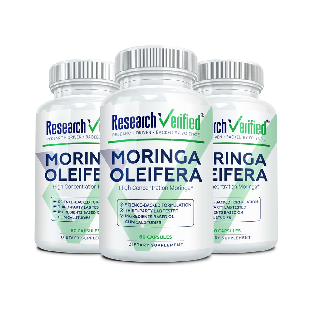 Research Verified Moringa Oleifera bottle front, 1200 mg per serving for daily vitality