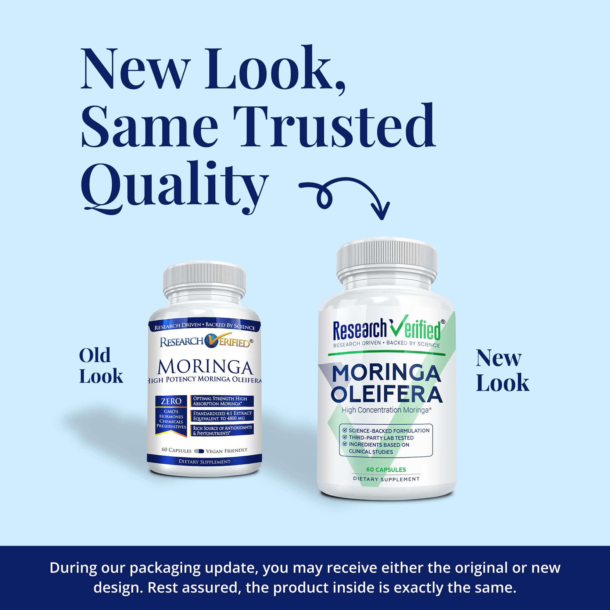 Research Verified Moringa Oleifera bottle label highlights purity and USA-made quality