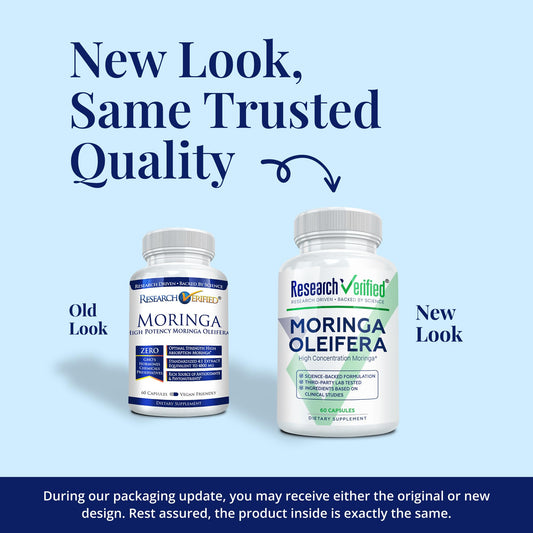 Research Verified Moringa Oleifera bottle label highlights purity and USA-made quality