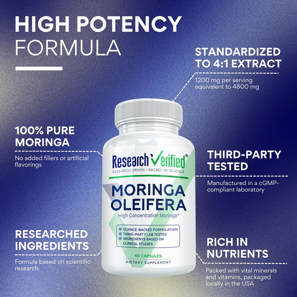 Research Verified Moringa Oleifera capsules closeup emphasizing 1200 mg dosage