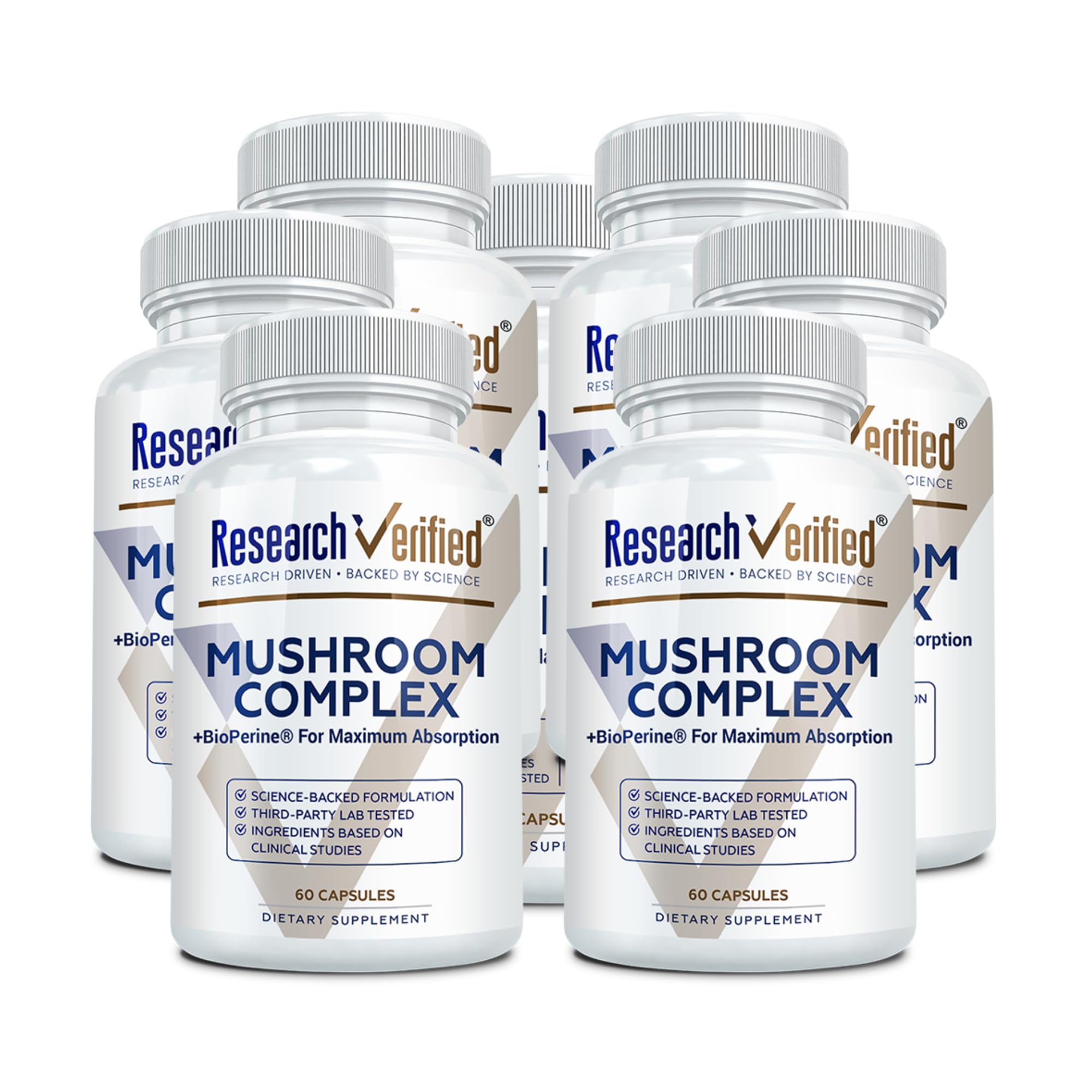 Research Verified Mushroom Complex bottle shows vegan capsules for daily immune support.