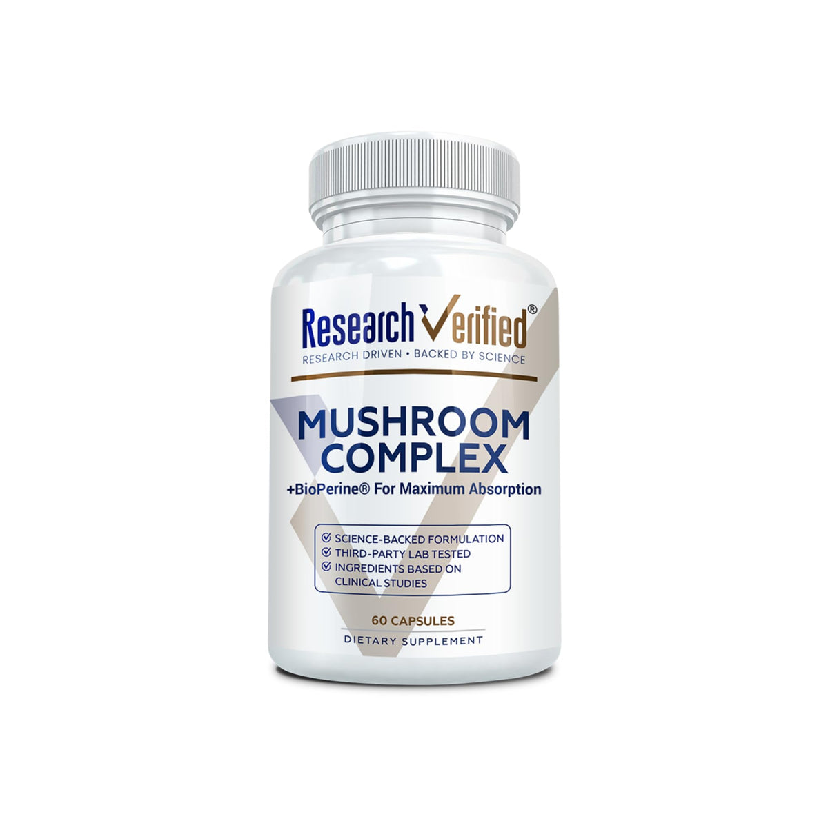 Research Verified Mushroom Complex bottle signals immunity support and daily energy.