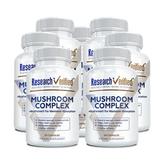 Research Verified Mushroom Complex bottle shows vegan capsules for daily immune support.