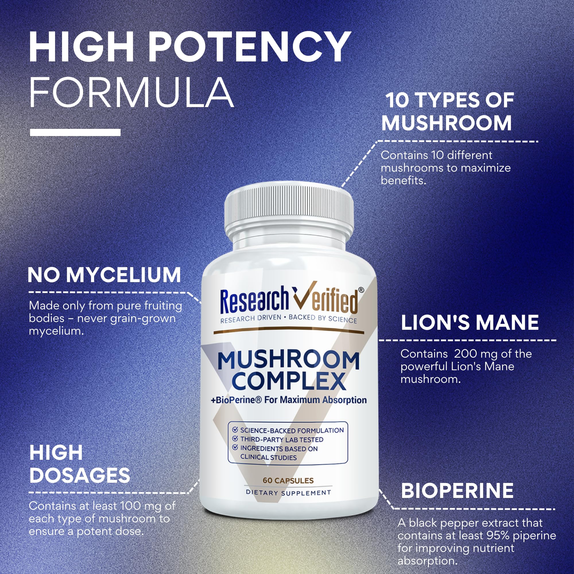 Research Verified Mushroom Complex ingredients label reveals ten medicinal mushrooms for a broad blend.