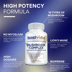 Research Verified Mushroom Complex ingredients label reveals ten medicinal mushrooms for a broad blend.