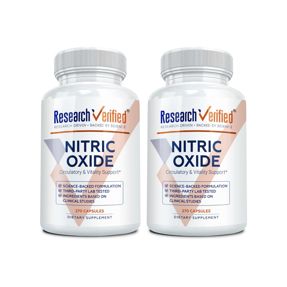 Research Verified Nitric Oxide bottle front for daily workout support