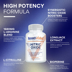 Research Verified Nitric Oxide label closeup highlighting ingredients.
