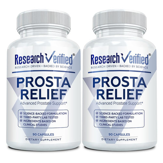 Research Verified Prosta Relief bottle with Saw Palmetto for prostate wellness support