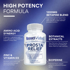 Research Verified Prosta Relief capsules closeup suggest easy daily intake.