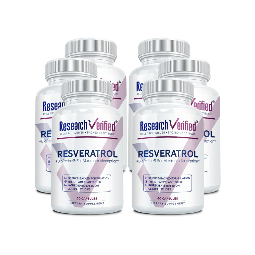 Research Verified Resveratrol bottle front view offering daily antioxidant support.
