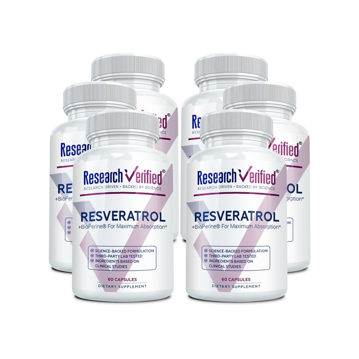 Research Verified Resveratrol bottle front view offering daily antioxidant support.