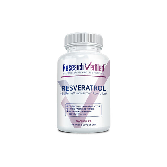 Research Verified Resveratrol bottle front showcases 60 capsules for daily anti-aging support