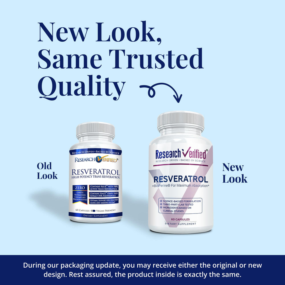 Research Verified Resveratrol bottle label closeup highlights 98% trans-resveratrol and BioPerine