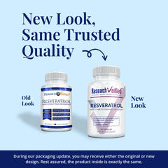 Research Verified Resveratrol bottle side view showing dosage and features.