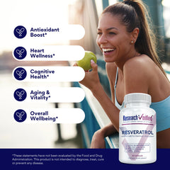 Research Verified Resveratrol capsules close-up, vegetarian formula for easy daily use.