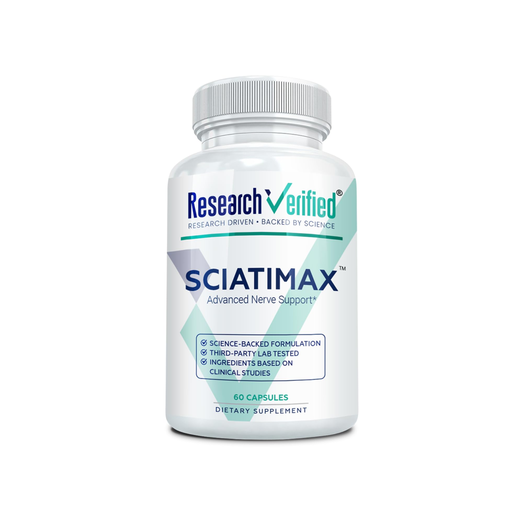 Research Verified Sciatimax bottle with 60 vegan capsules for nerve support.