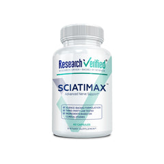 Research Verified Sciatimax bottle with 60 vegan capsules for nerve support.