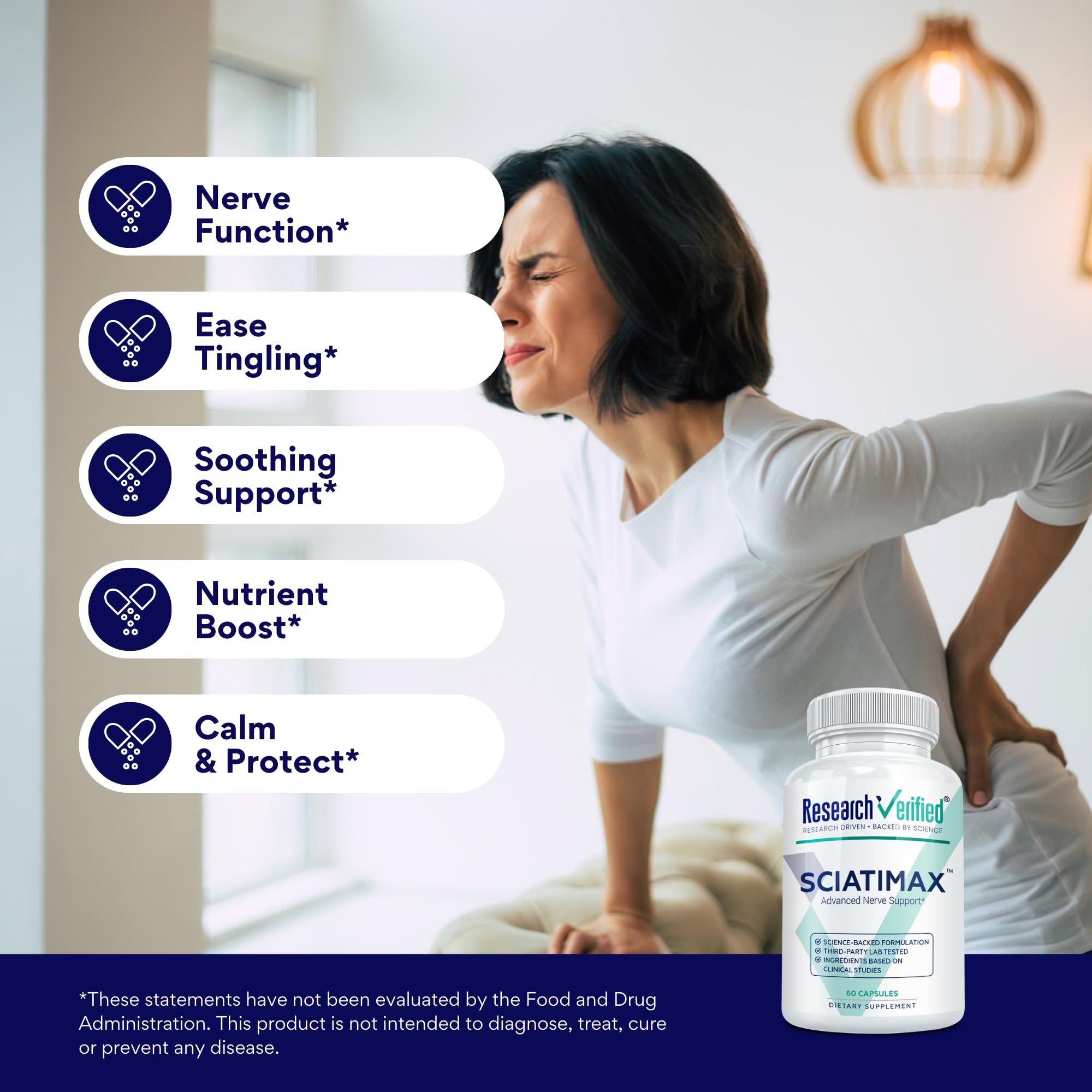 Sciatimax Mag-X magnesium glycinate complex promotes smooth nerve function.