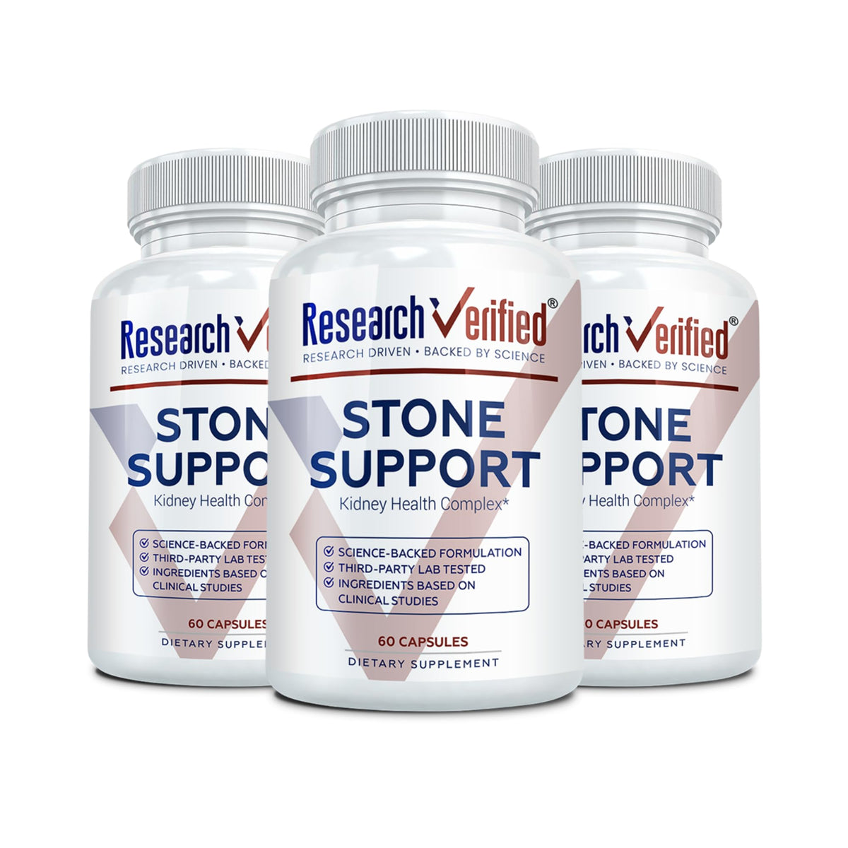Research Verified Stone Support bottle front view highlighting a natural herbal formula for stone support