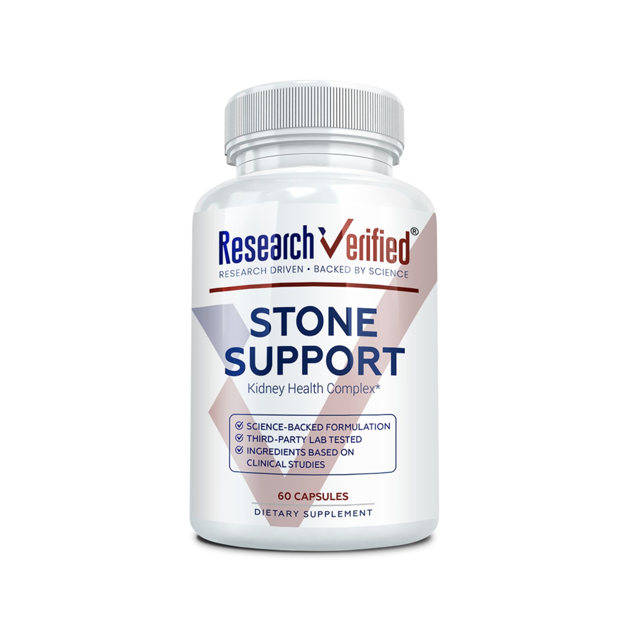 Research Verified Stone Support bottle front with vegan capsules for urinary balance