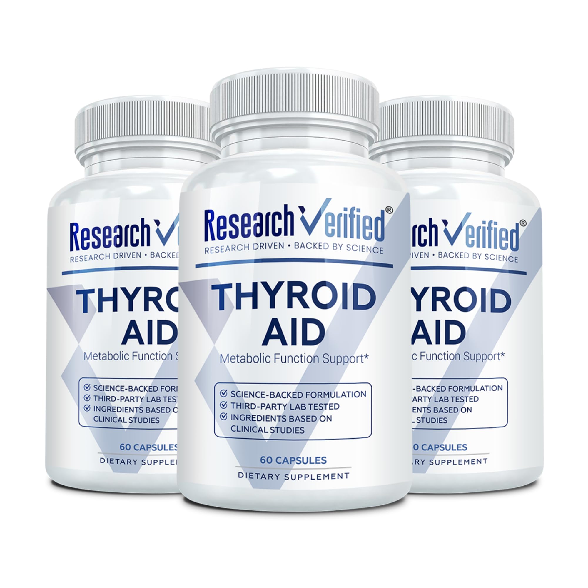 Research Verified Thyroid Aid bottle front shows vegan thyroid support formula for daily wellness.