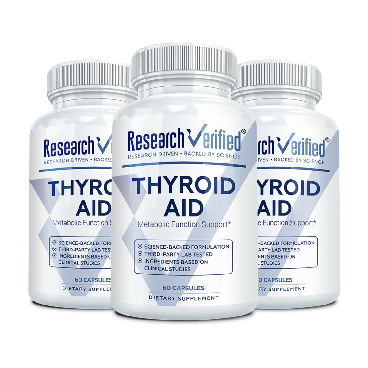 Research Verified Thyroid Aid bottle front shows vegan thyroid support formula for daily wellness.