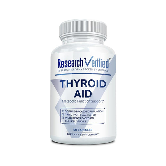 Research Verified Thyroid Aid bottle with capsules supports thyroid health on the go.