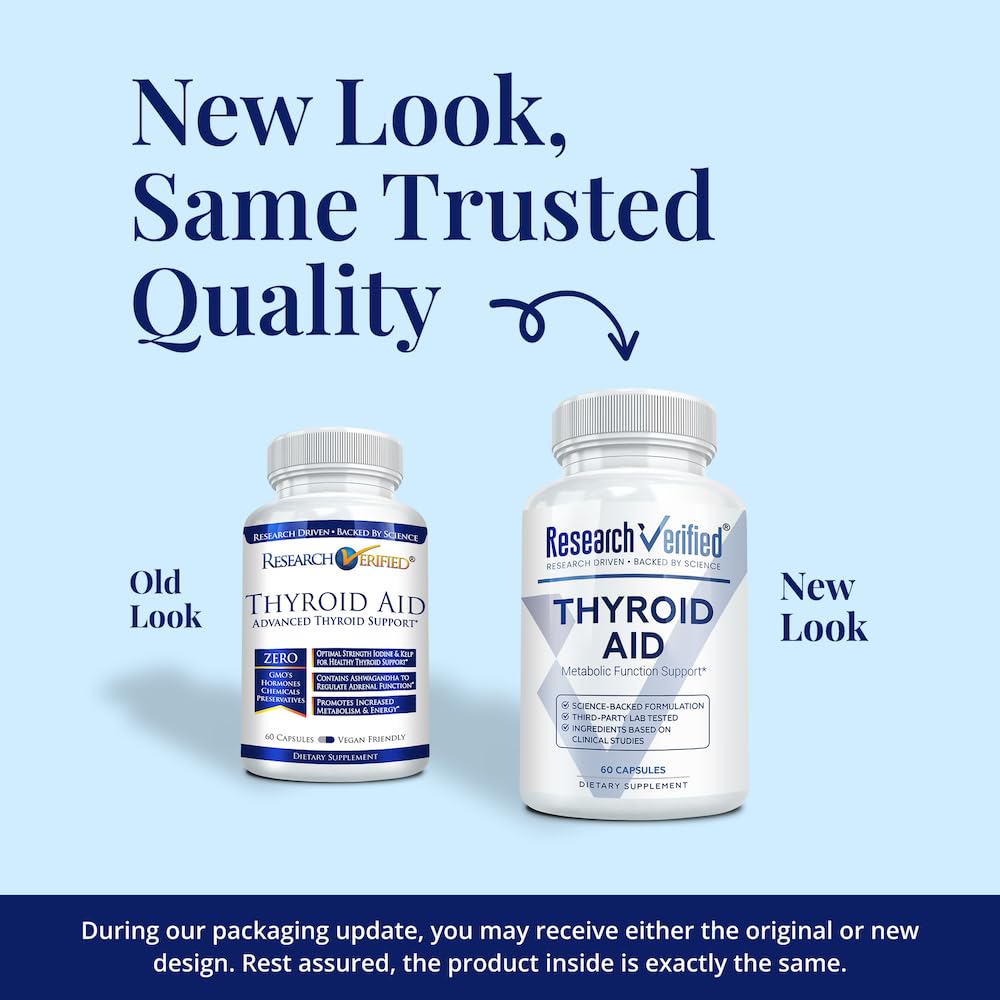 Close-up of Research Verified Thyroid Aid capsules showing vegan formula.