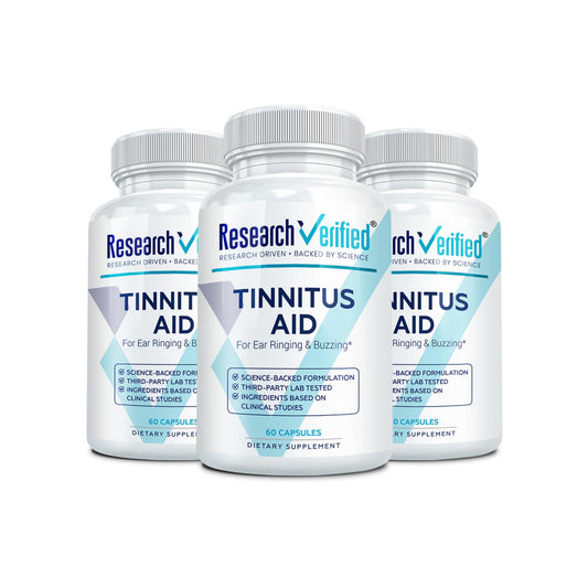 Research Verified Tinnitus Aid bottle with capsules for daily use and potential support