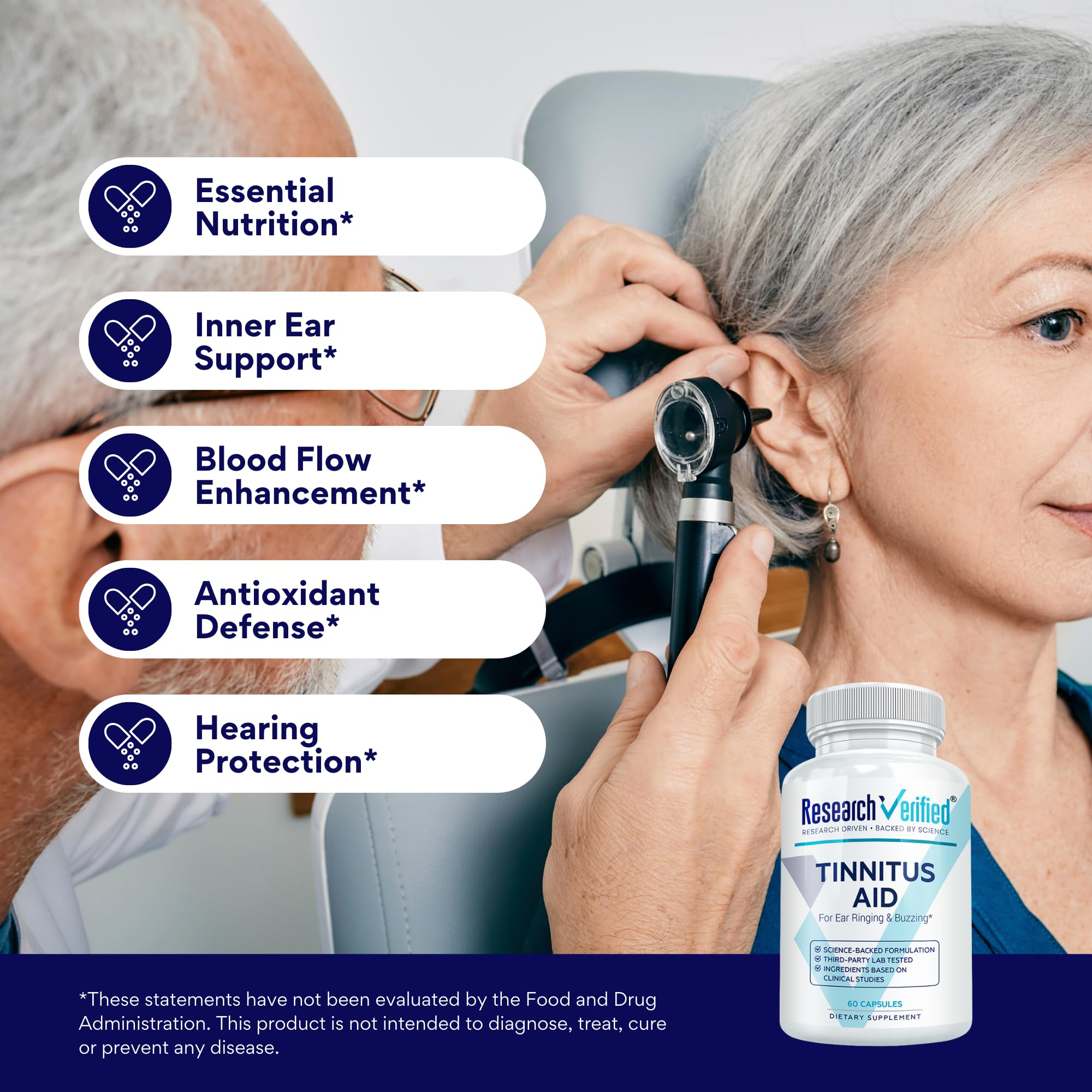 Research Verified Tinnitus Aid bottle showing ginkgo biloba for circulation support