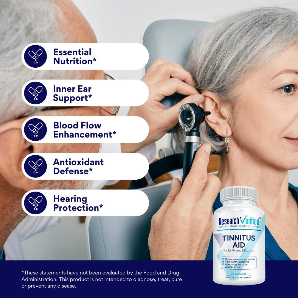 Research Verified Tinnitus Aid bottle showing ginkgo biloba for circulation support
