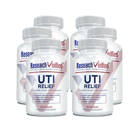 Research Verified UTI Relief bottle front shows a trusted vegan supplement for urinary tract support