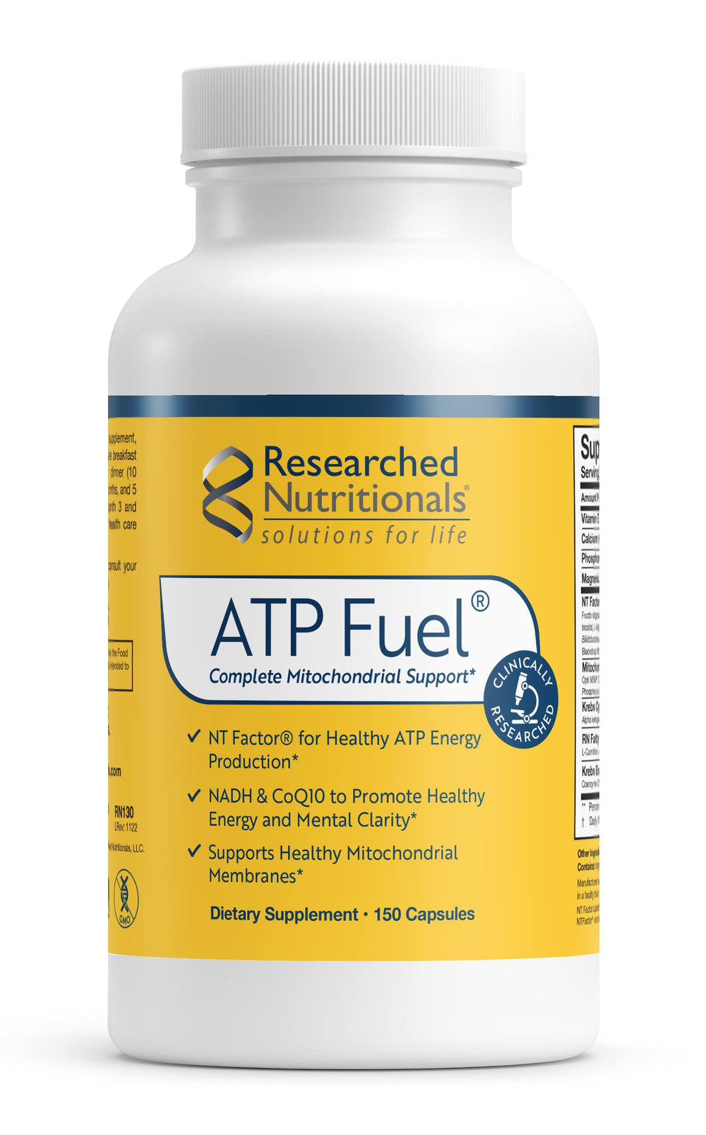 Researched Nutritionals ATP Fuel bottle front promoting daily energy support