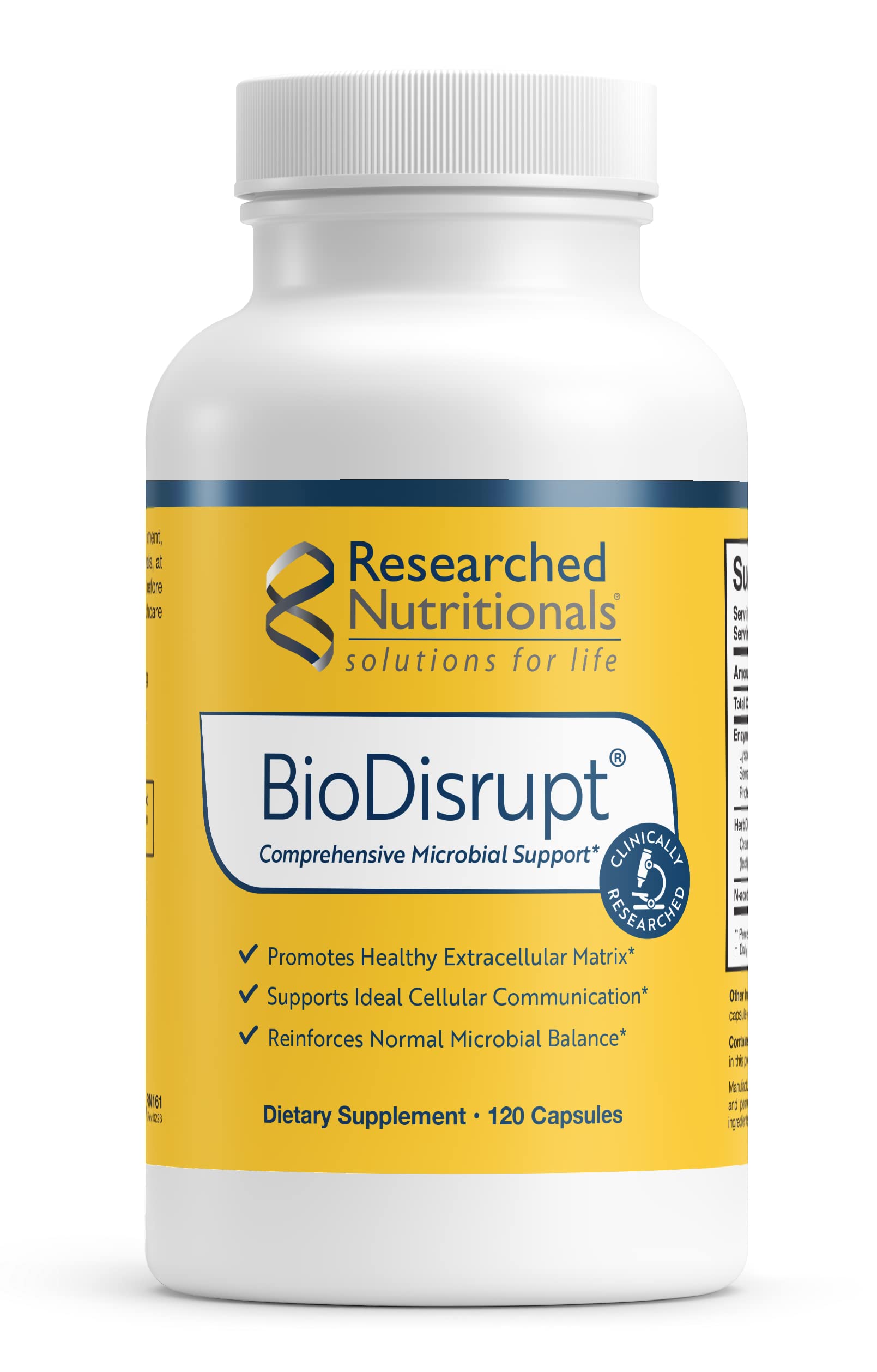 Researched Nutritionals BioDisrupt bottle front shows enzyme blend for biofilm disruption.
