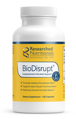 Researched Nutritionals BioDisrupt bottle front shows enzyme blend for biofilm disruption.