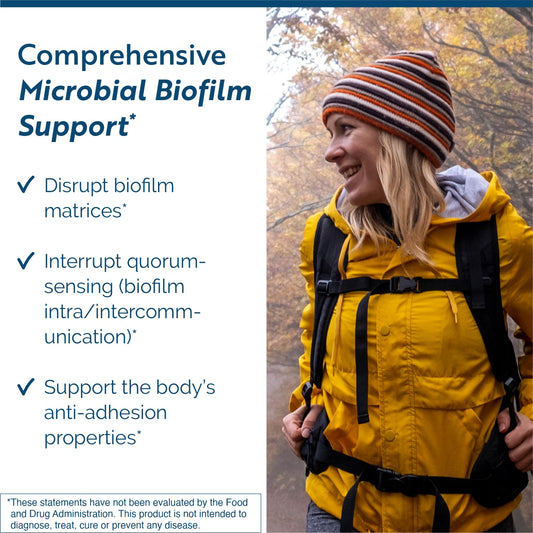 BioDisrupt bottle label highlights NAC and enzymes for biofilm support.