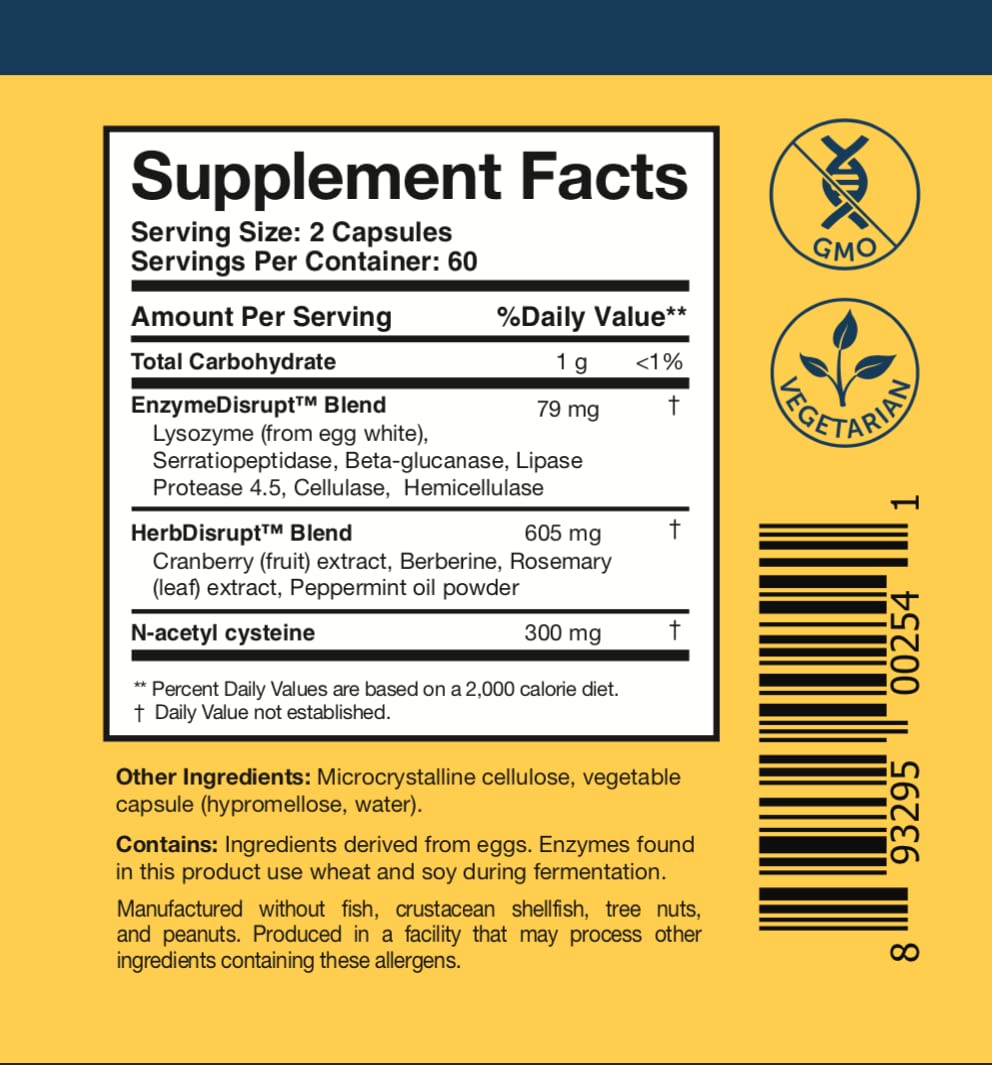 Ingredients blend image displays enzyme mix and NAC for potential biofilm care.