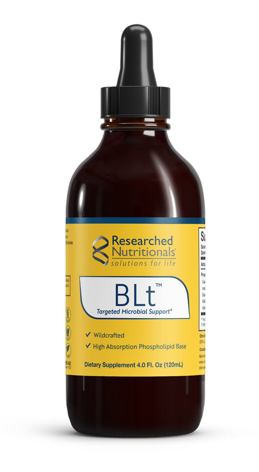Researched Nutritionals BLT bottle closeup highlighting the herbal tincture blend