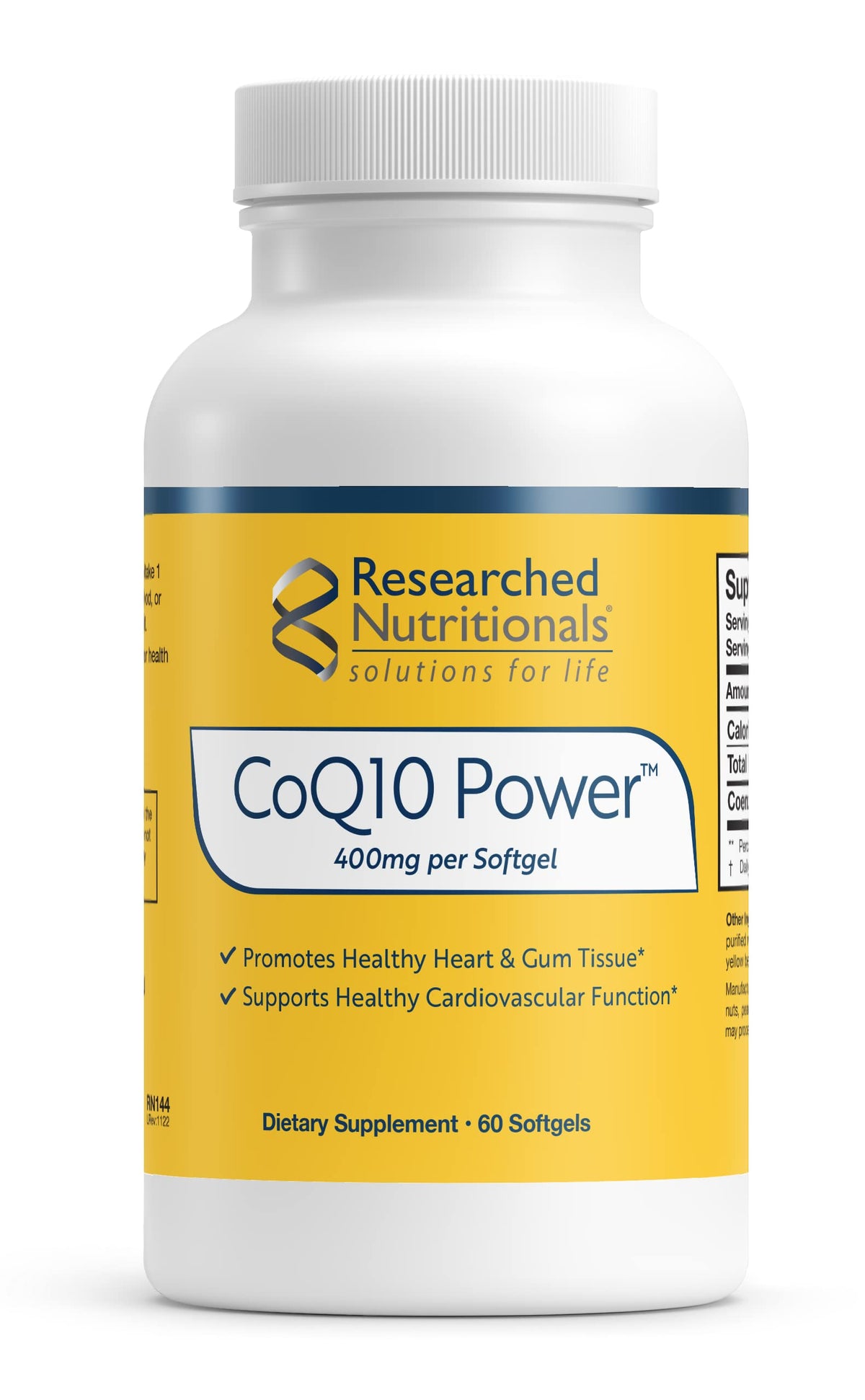 Researched Nutritionals CoQ10 softgels bottle showing therapeutic-strength energy support potential
