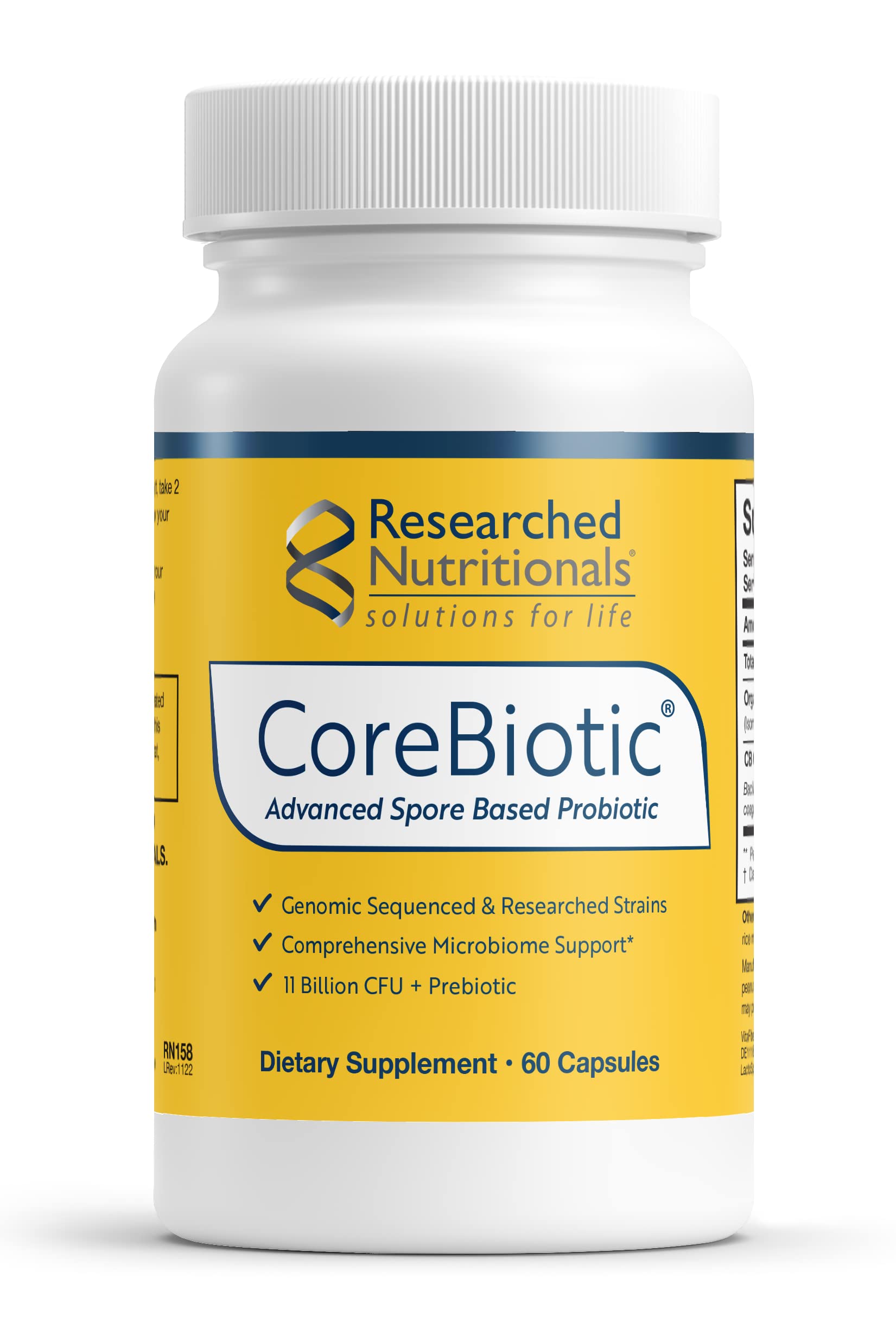 Researched Nutritionals CoreBiotic bottle with pour shows shelf-stable probiotics for daily use.