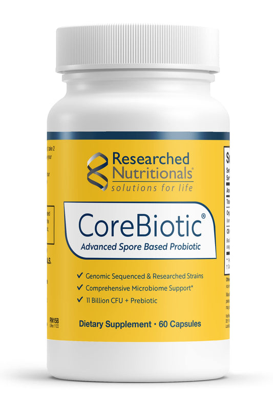Researched Nutritionals CoreBiotic bottle with pour shows shelf-stable probiotics for daily use.