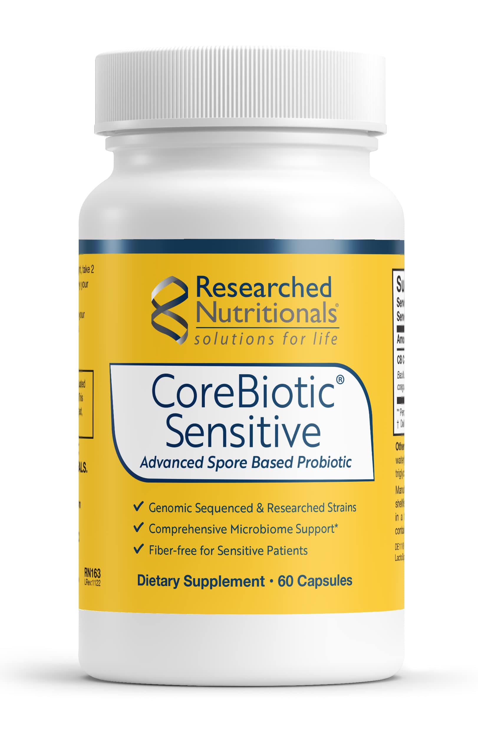 Researched Nutritionals CoreBiotic Sensitive bottle closeup highlighting low-FODMAP-friendly probiotic formulation.