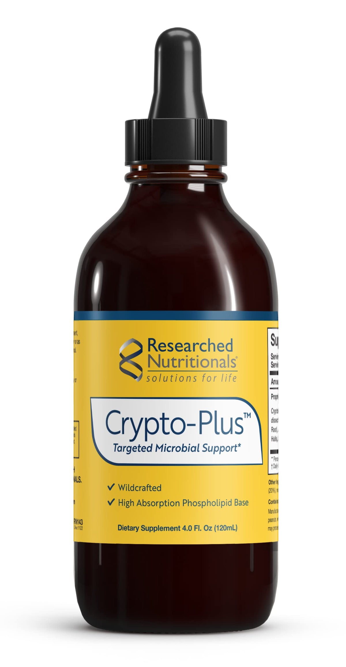 Researched Nutritionals Crypto-Plus bottle front highlighting targeted microbial support.