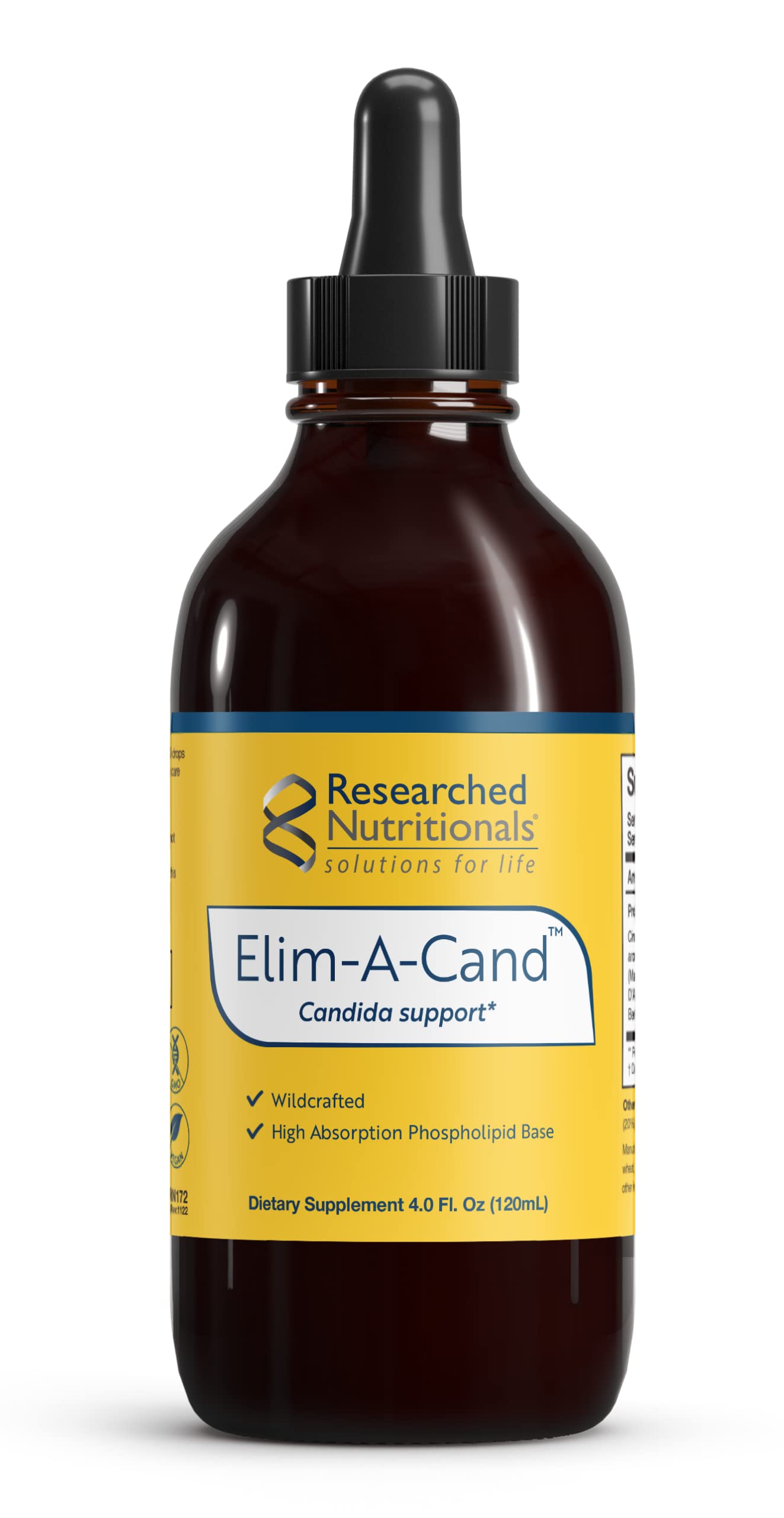 Researched Nutritionals Elim-A-Cand bottle pour supports easy dosing for daily gut health.