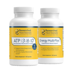 Researched Nutritionals Energy Duo bottles shown for daily energy support.