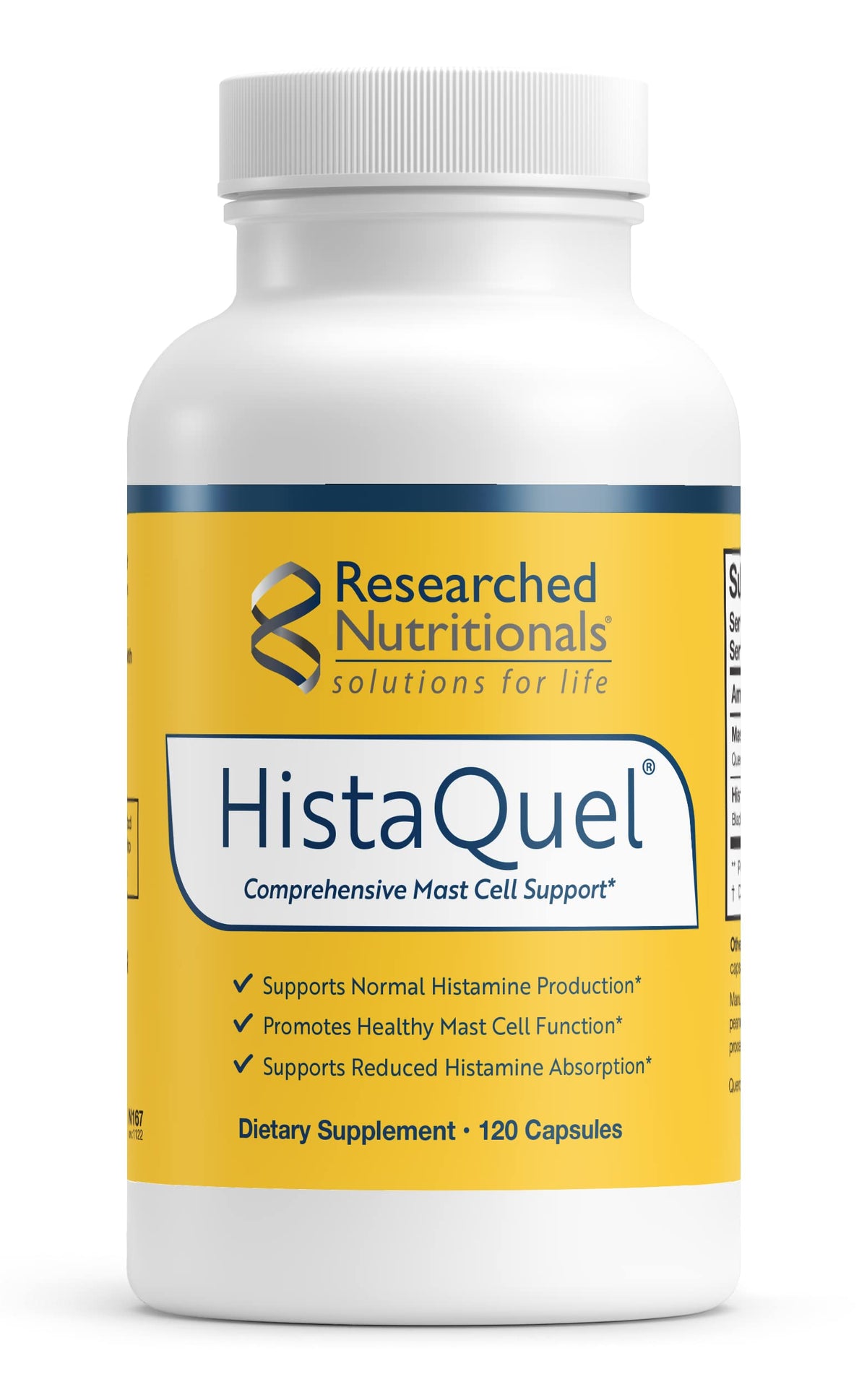 Researched Nutritionals HistaQuel bottle front with capsules for histamine support and mast cell balance.